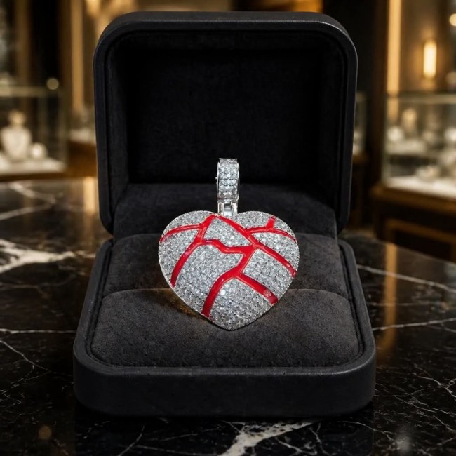 Lava Heart Luxurious 8.4 carat White Topaz .925 Sterling Silver handcrafted pendant - Front view of Lava Heart pendant in open black jewelry box.