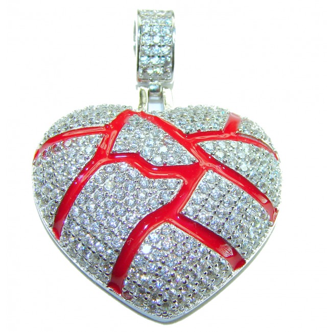Lava Heart Luxurious 8.4 carat White Topaz .925 Sterling Silver handcrafted pendant - Heart pendant with red enamel and white topaz, front view.