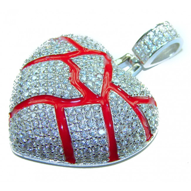Lava Heart Luxurious 8.4 carat White Topaz .925 Sterling Silver handcrafted pendant - Lava Heart pendant close-up, white topaz with red enamel details.