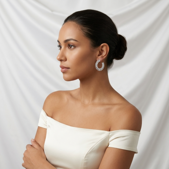 Allure Natural 8.2 carat White Topaz .925 Sterling Silver handcrafted hoop earrings - Side view of woman wearing Allure Natural 8.2 carat white topaz earrings.