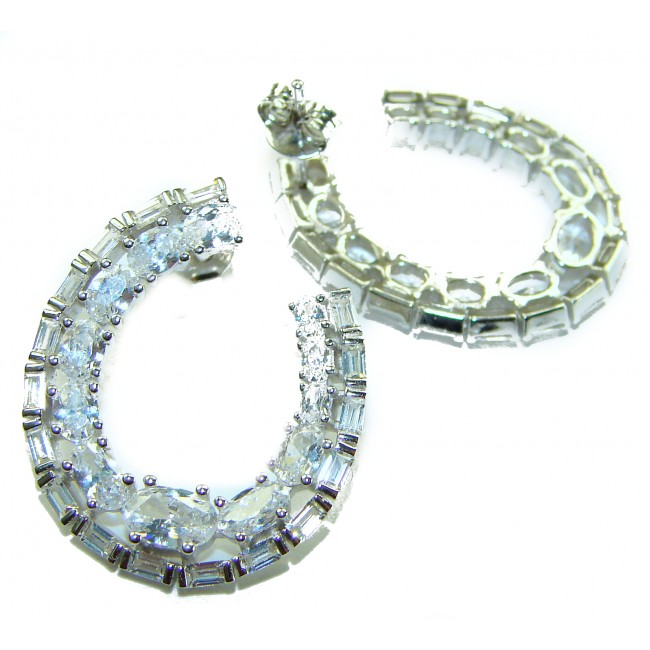 Allure Natural 8.2 carat White Topaz .925 Sterling Silver handcrafted hoop earrings - Side view of white topaz hoop earrings in sterling silver.