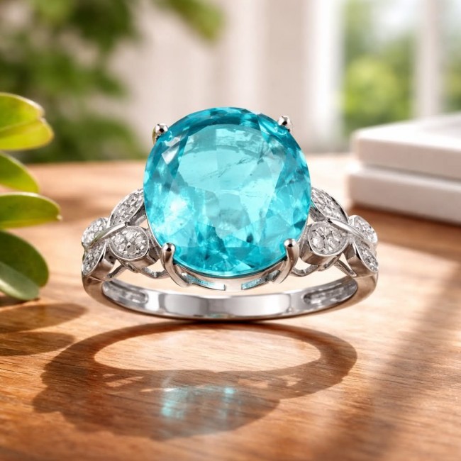 Eau Pure 10.5 carat Paraiba Tourmaline .925 Sterling Silver Handcrafted Ring size 8 - Close-up of Eau Pure 10.5 ct Paraiba Tourmaline in .925 Sterling Silver Ring