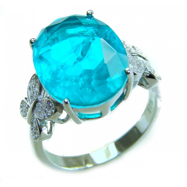 Eau Pure 10.5 carat Paraiba Tourmaline .925 Sterling Silver Handcrafted Ring size 8 - Close-up of Paraiba Tourmaline ring with butterfly details.