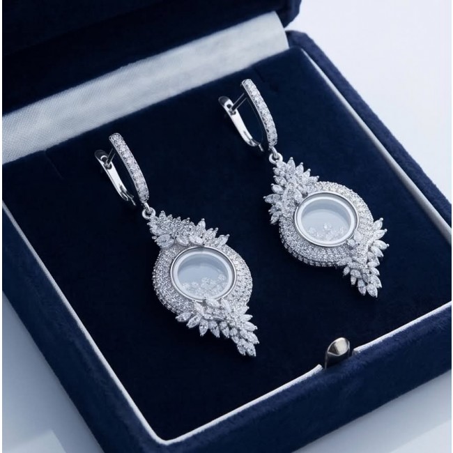 Floating Memories 11.5 carat White Topaz .925 Sterling Silver Handcrafted Statement earrings - Elegant earrings in box, angled view with intricate detail highlighted.