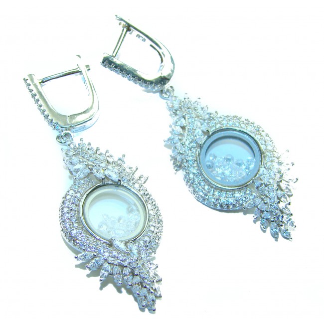 Floating Memories 11.5 carat White Topaz .925 Sterling Silver Handcrafted Statement earrings - Dangling earrings with white topaz and sterling silver, side view.