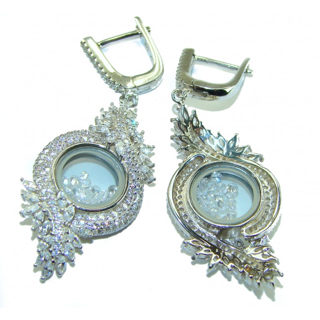 Floating Memories 11.5 carat White Topaz .925 Sterling Silver Handcrafted Statement earrings - Dangling earrings with white topaz, side view, sterling silver detail.