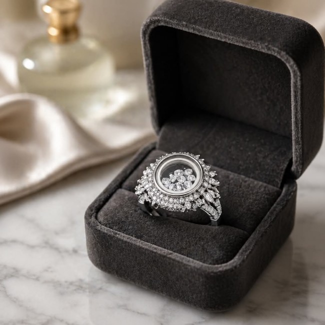 Floating Memories 12.5 carat White Topaz .925 Sterling Silver Handcrafted Ring size 8 - Floating Memories ring in box, top view, showcasing detailed design.