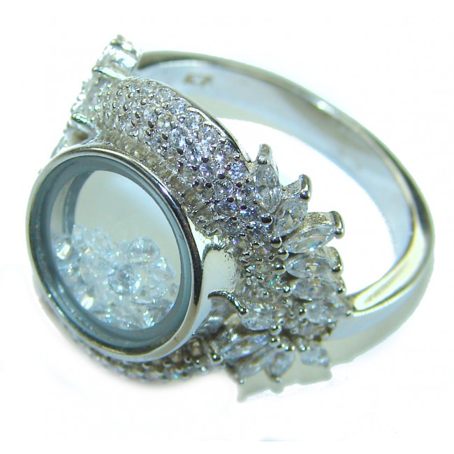 Floating Memories 12.5 carat White Topaz .925 Sterling Silver Handcrafted Ring size 8 - Side view of Floating Memories ring with white topaz in sterling silver