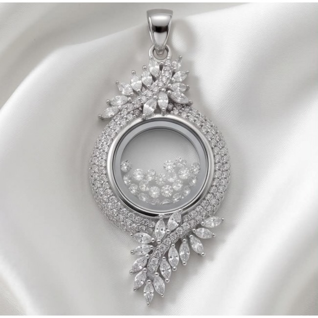 Floating Memories 10.5 carat White Topaz .925 Sterling Silver Handcrafted Statement pendant - Pendant with floating stones, top view, white topaz, sterling silver.