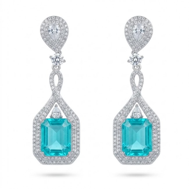 Incredible 10.5 carat Paraiba Tourmaline .925 Sterling Silver entirely handmade earrings - Elegant Paraiba Tourmaline earrings, front view, sterling silver setting