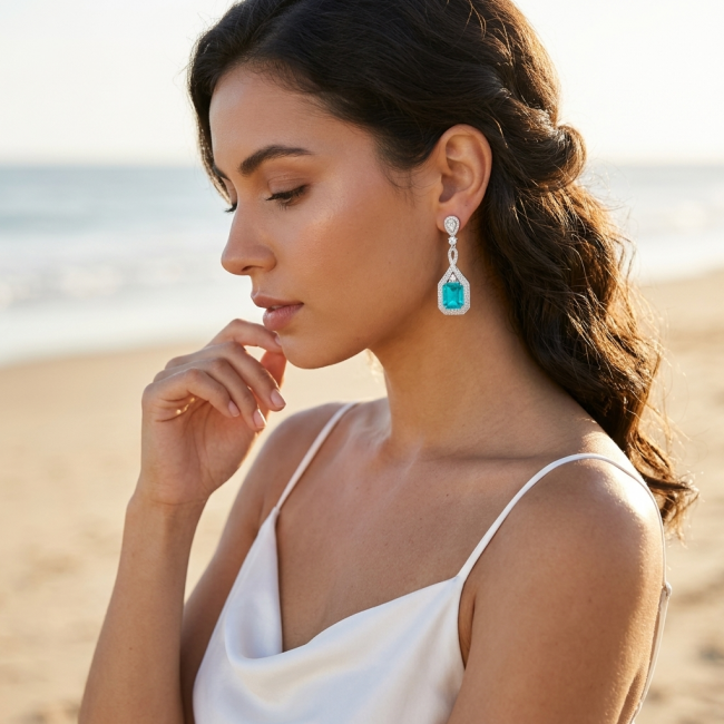 Incredible 10.5 carat Paraiba Tourmaline .925 Sterling Silver entirely handmade earrings - Woman wearing 10.5 carat Paraiba Tourmaline earrings, side view