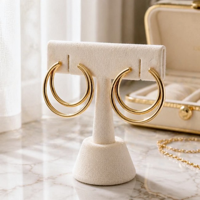 Dubai Style - Golden fantasy .925 Sterling Silver dipped in 22K Gold handmade Earrings - Gold hoop earrings on display stand, front view.