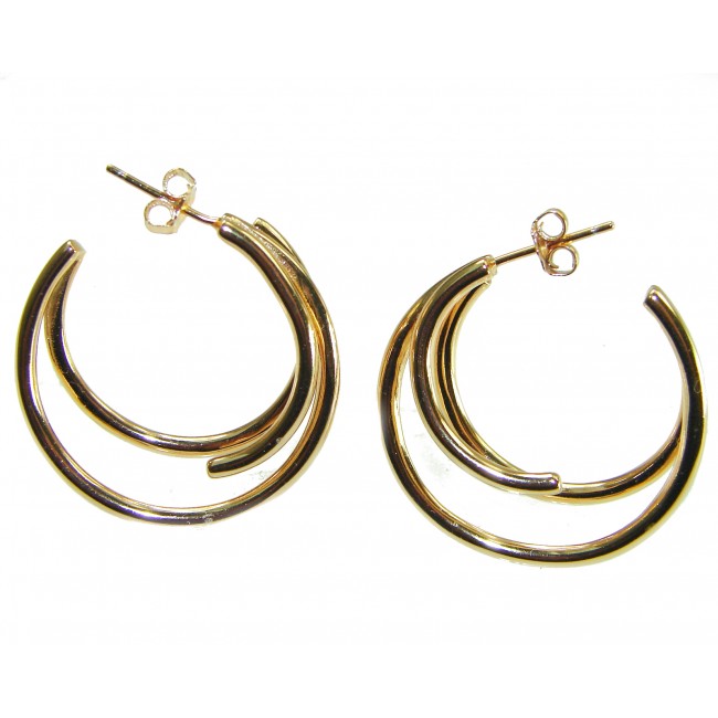 Dubai Style - Golden fantasy .925 Sterling Silver dipped in 22K Gold handmade Earrings - Front view of gold-tone hoop earrings with dual loops