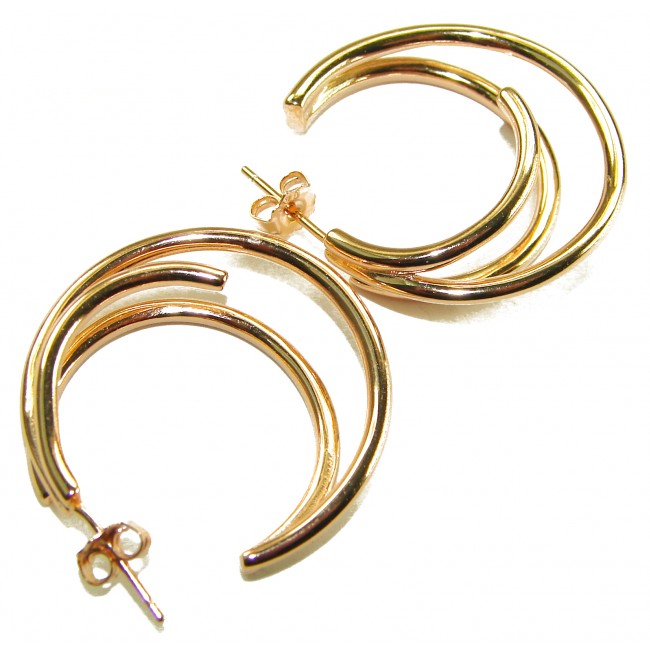 Dubai Style - Golden fantasy .925 Sterling Silver dipped in 22K Gold handmade Earrings - Gold hoop earrings, front angle, showing layered design.