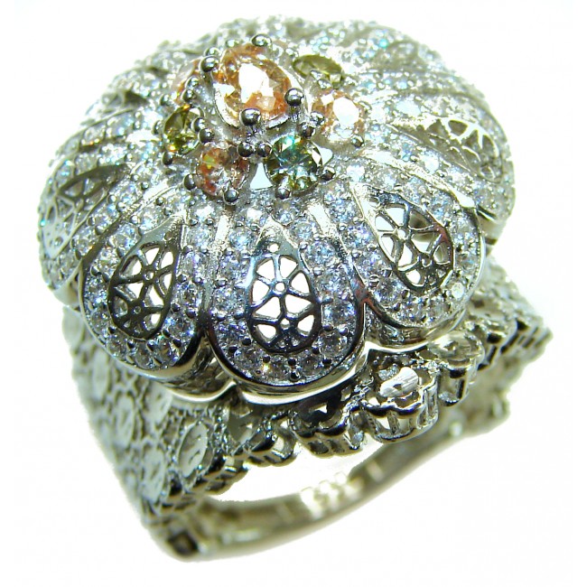 Casablanca Italy made 1.8 carat yellow Sapphire .925 Sterling Silver brilliantly handcrafted ring s. 7 3/4 - Ornate yellow sapphire ring close-up showing intricate detailing.
