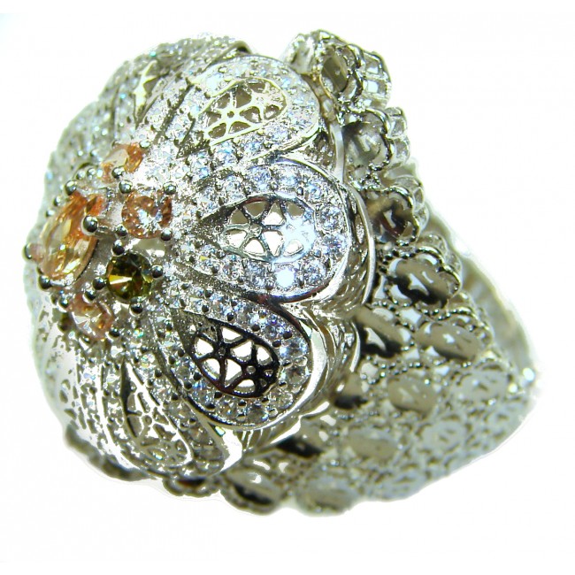 Casablanca Italy made 1.8 carat yellow Sapphire .925 Sterling Silver brilliantly handcrafted ring s. 7 3/4 - Intricate ring detail showcasing 1.8 carat yellow Sapphire, side angle.