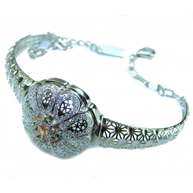 Casablanca Italy made 1.8 carat yellow Sapphire .925 Sterling Silver brilliantly handcrafted Bracelet - Close-up of ornate bracelet with yellow sapphire centerpiece.