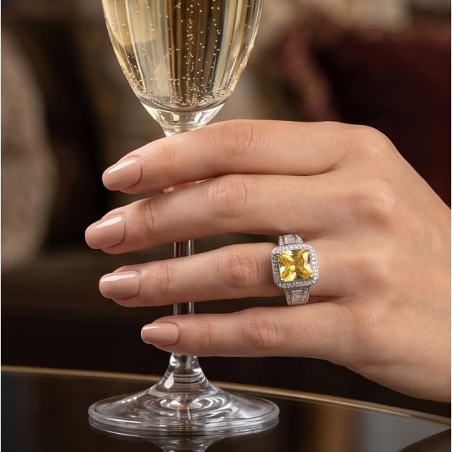 Vivien Luxurious Style - Natural 7.2 carat yellow Sapphire .925 Sterling Silver dipped in Rhodium handmade ring size 8 - Yellow sapphire ring worn on hand holding a champagne glass.