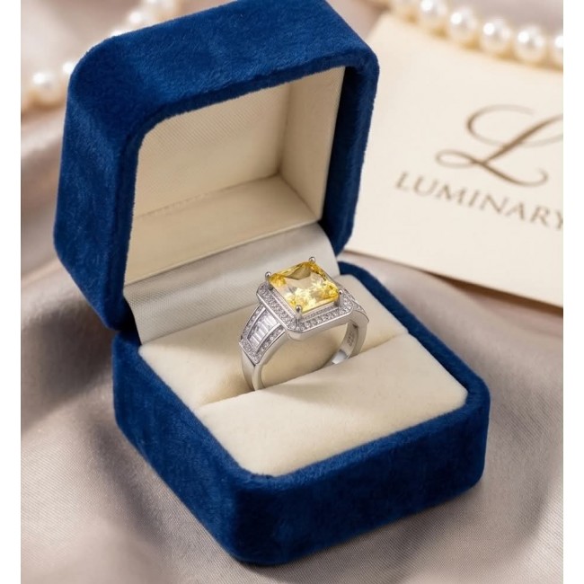 Vivien Luxurious Style - Natural 7.2 carat yellow Sapphire .925 Sterling Silver dipped in Rhodium handmade ring size 8 - Yellow sapphire ring in blue velvet box, top angle view.