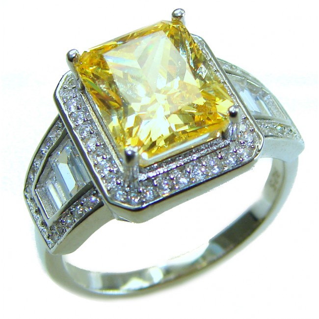 Vivien Luxurious Style - Natural 7.2 carat yellow Sapphire .925 Sterling Silver dipped in Rhodium handmade ring size 8 - Yellow sapphire ring, top view, showcasing the 7.2 carat stone and diamonds.