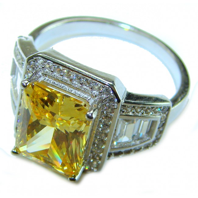 Vivien Luxurious Style - Natural 7.2 carat yellow Sapphire .925 Sterling Silver dipped in Rhodium handmade ring size 8 - Close-up of Vivien ring with 7.2 carat yellow sapphire and diamonds.