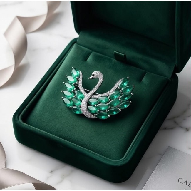 Graceful Swan Genuine 19.5 carat Colombian Emerald .925 Sterling Silver handmade Pendant - Brooch - Emerald swan brooch in velvet box, top view.
