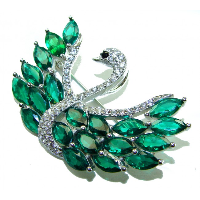 Graceful Swan Genuine 19.5 carat Colombian Emerald .925 Sterling Silver handmade Pendant - Brooch - Swan brooch with emeralds and diamonds, top view.