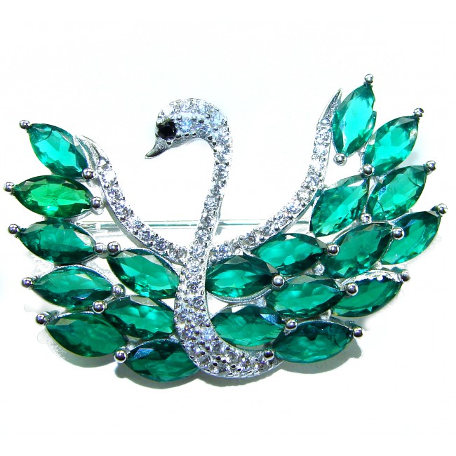 Graceful Swan Genuine 19.5 carat Colombian Emerald .925 Sterling Silver handmade Pendant - Brooch - Swan brooch with Colombian emeralds, front view.