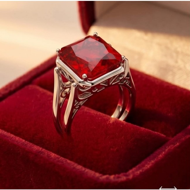 Tiffany Authentic 10.2 carat Ruby .925 Sterling Silver handcrafted two sided Ring size 8 - Ruby ring in box, silver band, front angle, close-up on gemstone.