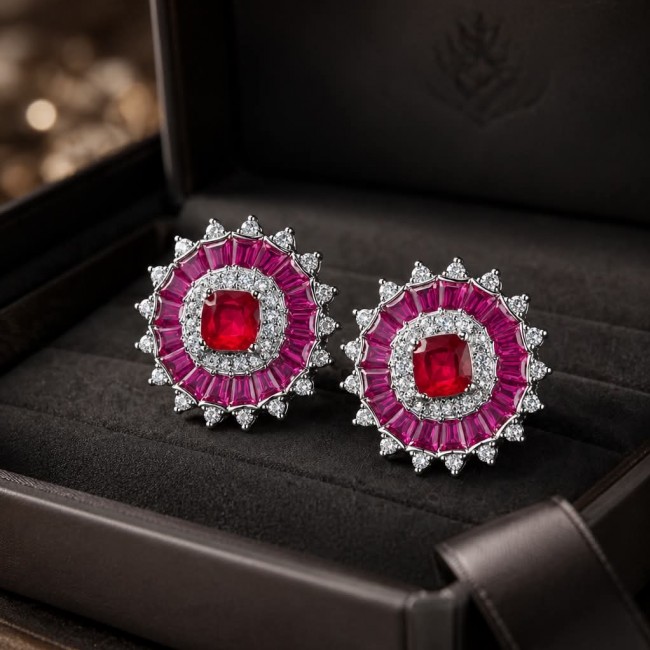 Art Deco - Bella Rosa Genuine 5.8 carat Ruby .925 Sterling Silver dipped in rhodium Statement brilliantly handcrafted earrings - Close-up of Art Deco Bella Rosa Ruby Earrings in box