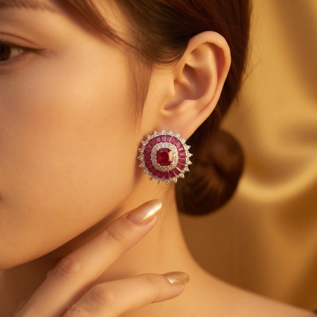 Art Deco - Bella Rosa Genuine 5.8 carat Ruby .925 Sterling Silver dipped in rhodium Statement brilliantly handcrafted earrings - Side view of Art Deco Bella Rosa ruby earring on ear.
