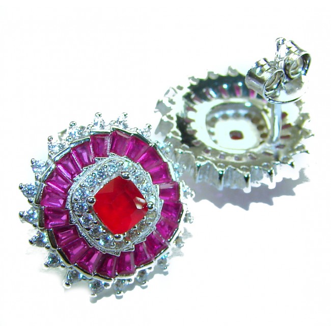 Art Deco - Bella Rosa Genuine 5.8 carat Ruby .925 Sterling Silver dipped in rhodium Statement brilliantly handcrafted earrings - Ruby earrings front view with detailed stone and setting.