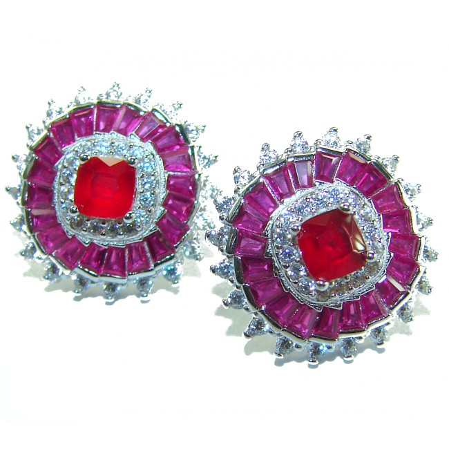 Art Deco - Bella Rosa Genuine 5.8 carat Ruby .925 Sterling Silver dipped in rhodium Statement brilliantly handcrafted earrings - Close-up of Art Deco Bella Rosa ruby and sterling silver earrings