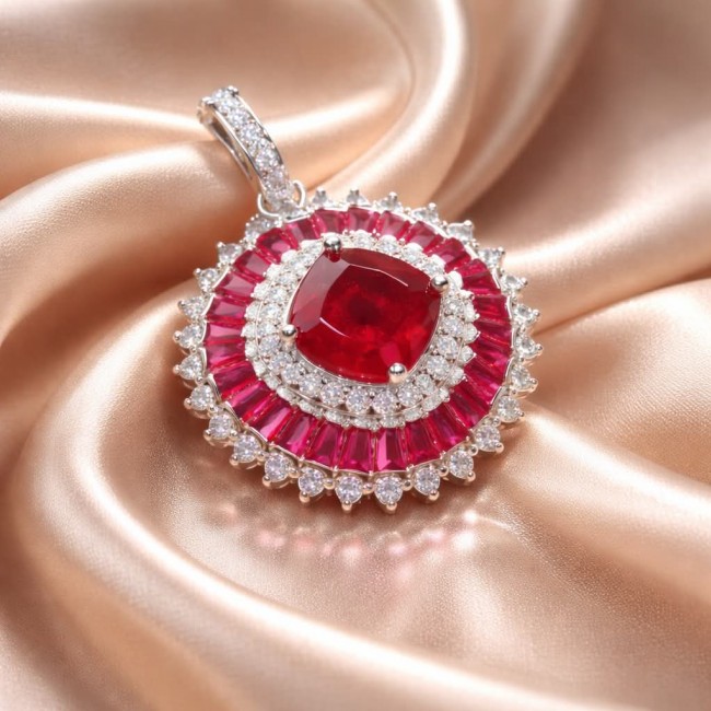 Art Deco - Bella Rosa Genuine 5.8 carat Ruby .925 Sterling Silver dipped in rhodium Statement brilliantly handcrafted Pendant - Stone close-up of Art Deco Bella Rosa Genuine 5.8 carat Ruby pendant.