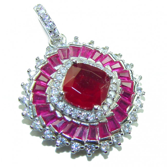 Art Deco - Bella Rosa Genuine 5.8 carat Ruby .925 Sterling Silver dipped in rhodium Statement brilliantly handcrafted Pendant - Ruby pendant close-up with diamond accents in Art Deco style
