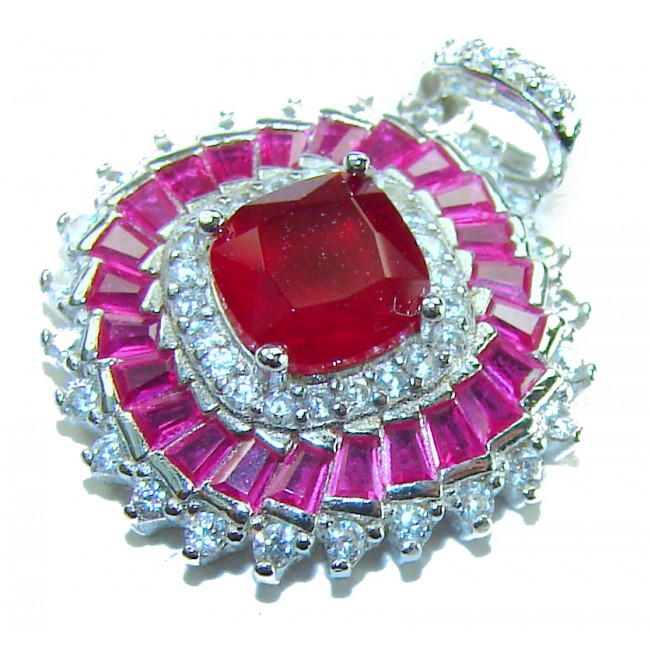 Art Deco - Bella Rosa Genuine 5.8 carat Ruby .925 Sterling Silver dipped in rhodium Statement brilliantly handcrafted Pendant - Angle view of Art Deco pendant with ruby and diamonds in sterling silver