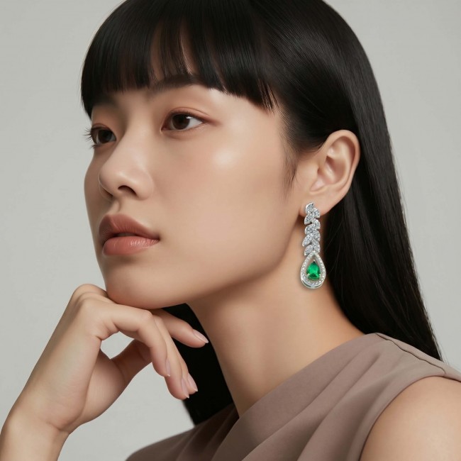Gabriella 6.7 carat authentic Emerald rhodium over .925 Sterling Silver handcrafted Statement earrings - Side view of Gabriella emerald earrings worn by a model.