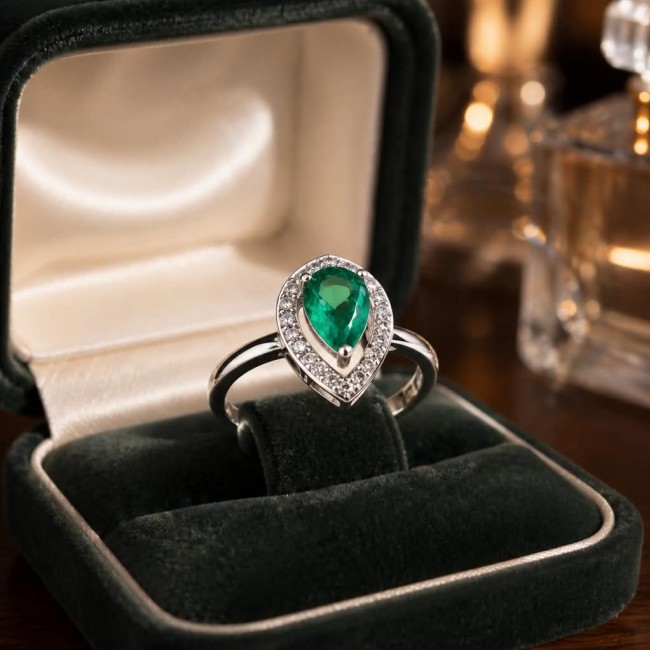 Gabriella 22.7 carat authentic Emerald rhodium over .925 Sterling Silver handcrafted Statement Ring size 8 - Emerald ring in box, top view, with rhodium and diamond accents.