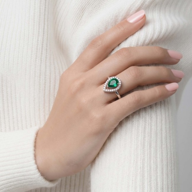 Gabriella 22.7 carat authentic Emerald rhodium over .925 Sterling Silver handcrafted Statement Ring size 8 - Emerald ring worn on hand, showcasing stone and design details.