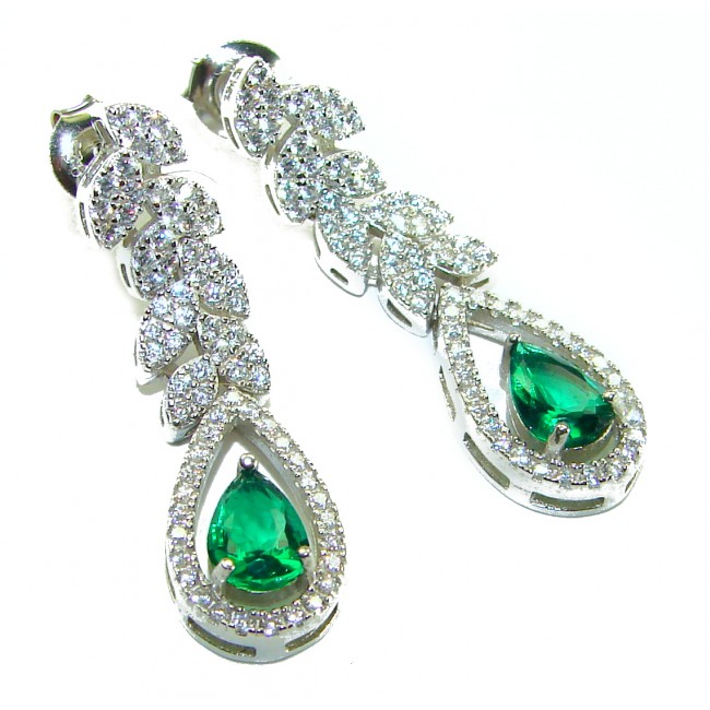 Gabriella 6.7 carat authentic Emerald rhodium over .925 Sterling Silver handcrafted Statement earrings - Emerald earrings with diamond accents, close-up detail.