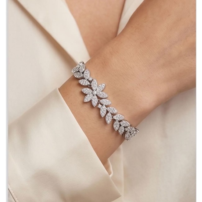 Gabriella 6.7 carat authentic White Topaz rhodium over .925 Sterling Silver handcrafted Statement Bracelet - White Topaz bracelet on wrist, leaf design detail, rhodium over .925