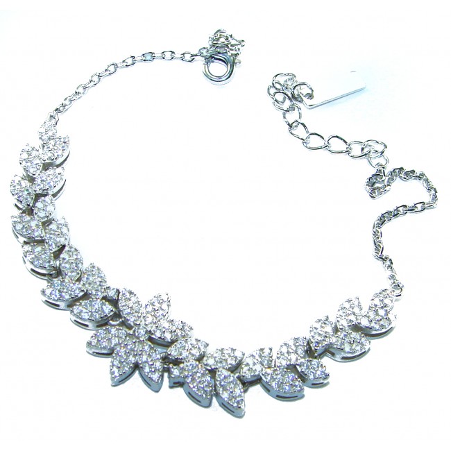 Gabriella 6.7 carat authentic White Topaz rhodium over .925 Sterling Silver handcrafted Statement Bracelet - White Topaz necklace, top view, leaf design, rhodium over .925 silver