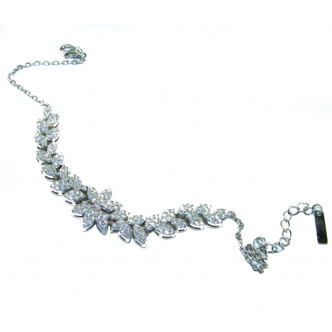 Gabriella 6.7 carat authentic White Topaz rhodium over .925 Sterling Silver handcrafted Statement Bracelet - White Topaz bracelet, overhead view, showing design and clasp detail.