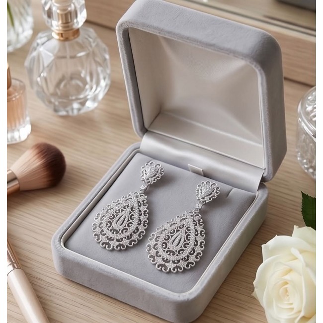 Elizabeth Natural 8.2 carat White Topaz .925 Sterling Silver handcrafted earrings - Elegant white topaz earrings in open jewelry box on a vanity table.