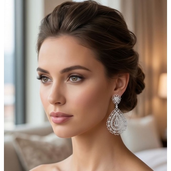 Elizabeth Natural 8.2 carat White Topaz .925 Sterling Silver handcrafted earrings - Side view, Elizabeth 8.2 carat white topaz earrings on model.