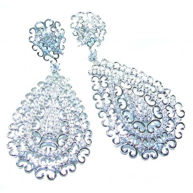 Elizabeth Natural 8.2 carat White Topaz .925 Sterling Silver handcrafted earrings - Elegant earrings with intricate filigree design, front view.
