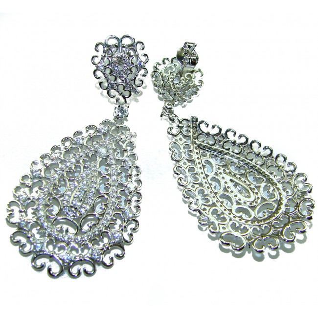 Elizabeth Natural 8.2 carat White Topaz .925 Sterling Silver handcrafted earrings - Elegant Elizabeth earrings with filigree design in white topaz, front view.