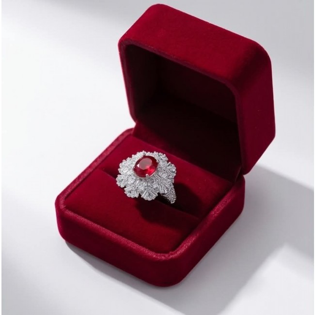 Stella - 4.2 carat Kashmir Ruby .925 Sterling Silver dipped in Rhodium handcrafted incredible ring s. 8 - Kashmir ruby ring in red box, top view, .925 sterling silver detailing.
