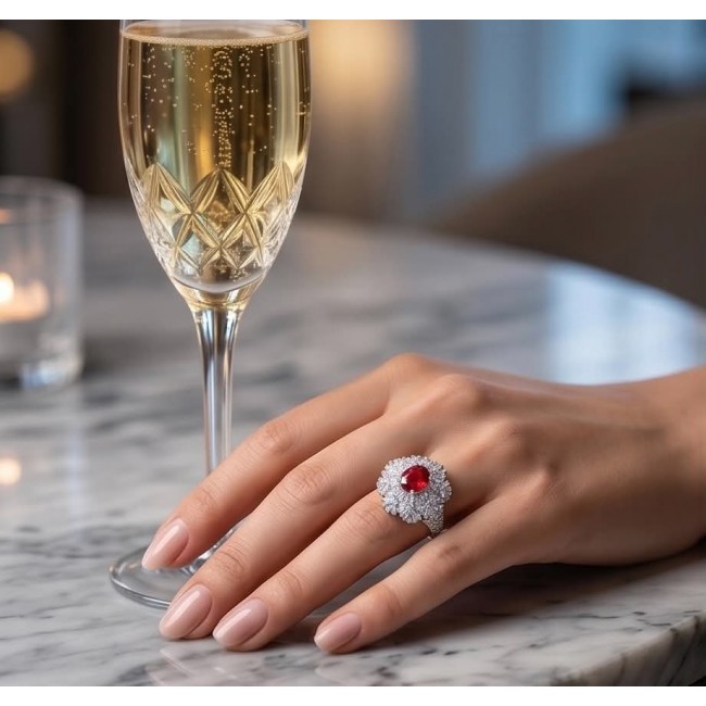 Stella - 4.2 carat Kashmir Ruby .925 Sterling Silver dipped in Rhodium handcrafted incredible ring s. 8 - Hand with Stella ring, Kashmir ruby, sterling silver, next to champagne glass.