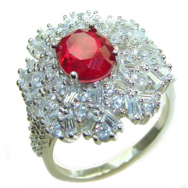 Stella - 4.2 carat Kashmir Ruby .925 Sterling Silver dipped in Rhodium handcrafted incredible ring s. 8 - Close-up of Stella ring with 4.2 carat Kashmir ruby in sterling silver